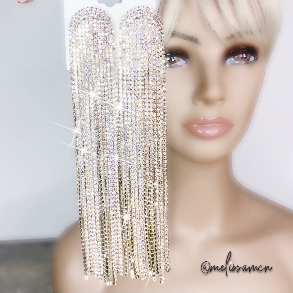 Shoulder Sweep 6" Long AB Crystal Gold Rhinestone Earrings Bridal Formal…